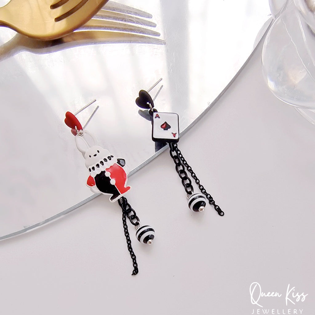 Super Cute Wonderland Rabbit Ace Card Enamelled Earrings -- Hide and Seek!!