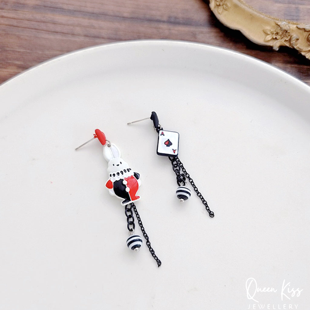 Super Cute Wonderland Rabbit Ace Card Enamelled Earrings -- Hide and Seek!!
