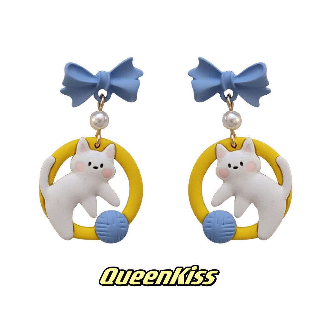 Super Cute Resting Kitty Playing Knitting Ball Set Fun Love Earrings -- Fun Time!!