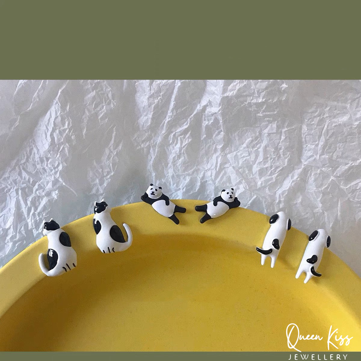 Enamel Handmade Cute Adorable Black and White Cat Panda and Dog Studs Earrings -- Kawaii Family!!