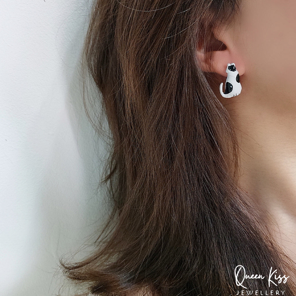 Enamel Handmade Cute Adorable Black and White Cat Panda and Dog Studs Earrings -- Kawaii Family!!