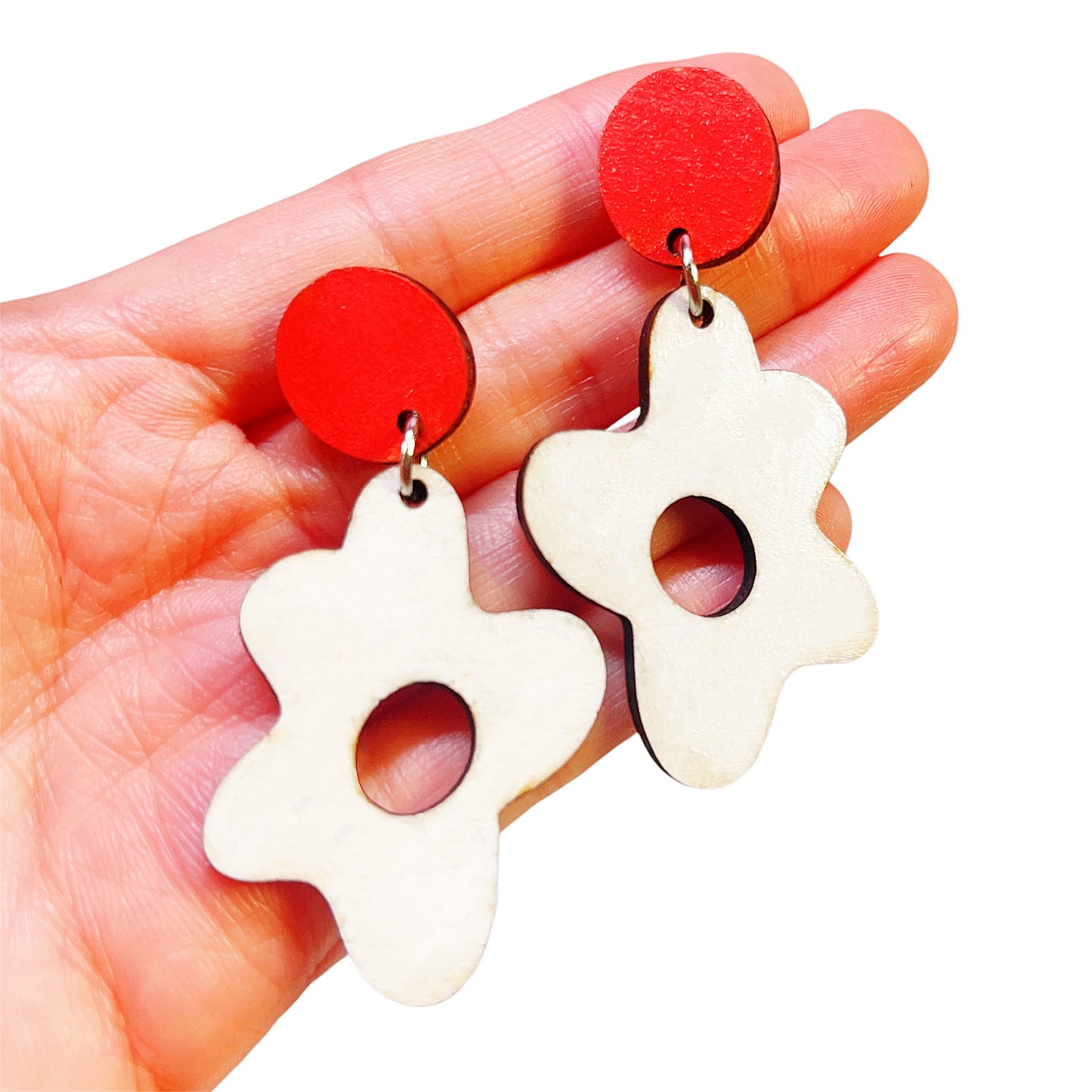 Handmade Boho Red and White Floral Wood Earrings