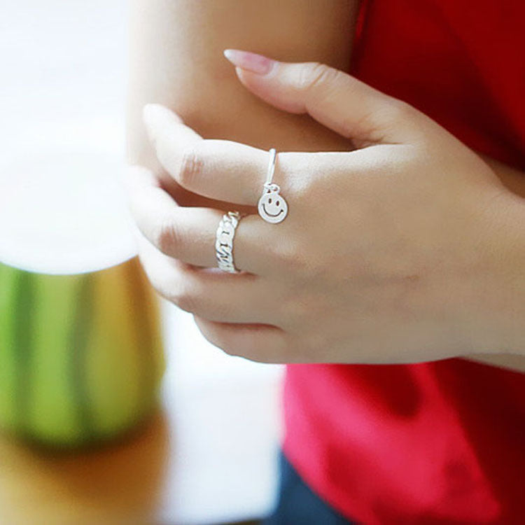 Cute Adorable Fashion Big Hanging Smiley Face Adjustable Silver Ring