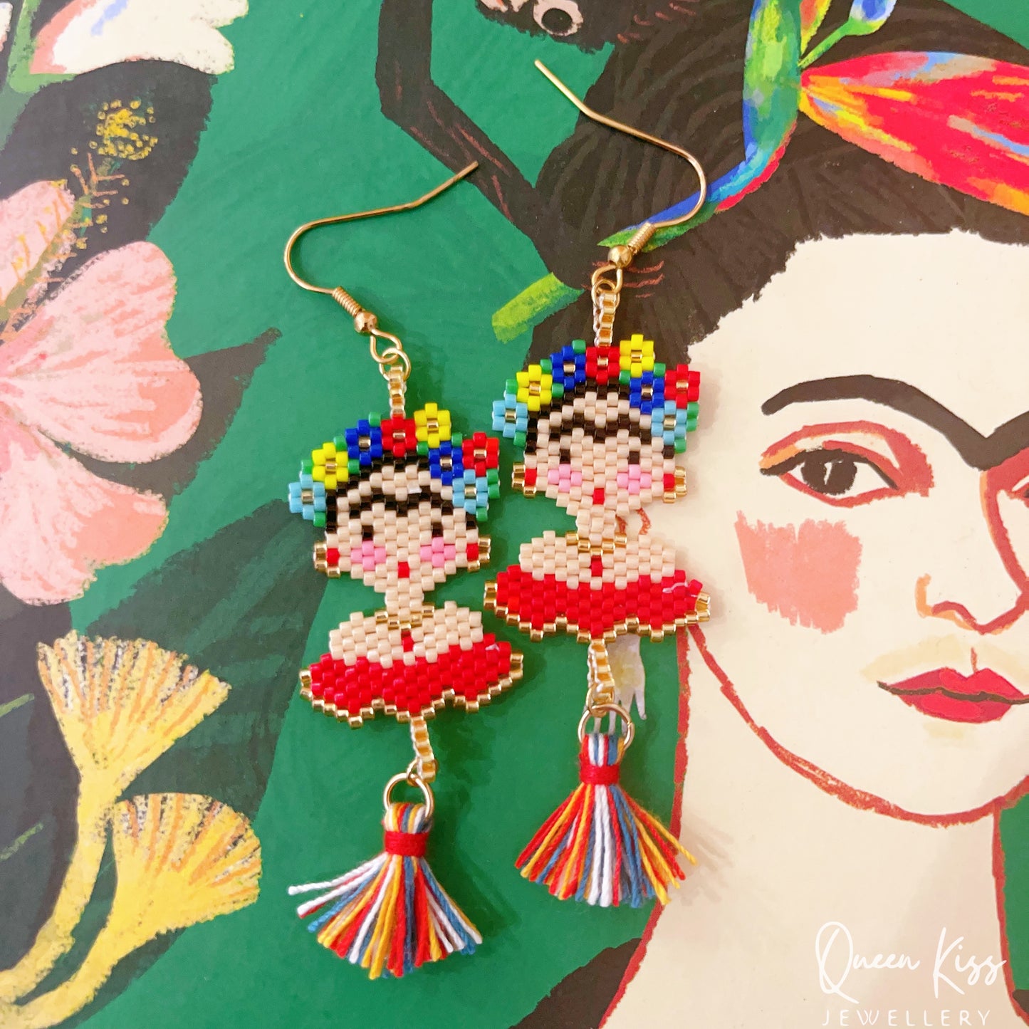 Handmade Artwork Artist Frida Portrait Beaded Earrings Beadwork earrings Dangle earrings Long earrings Luxury boho - Women Power!!!