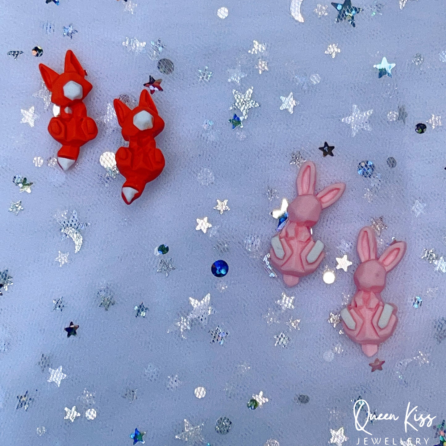 Super Cute LIttle Orange Fox and Pink Bunny Rabbit Stud Earrings -- Hop Hop Hop!!