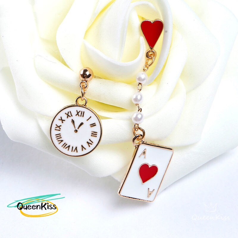 Cute Red Heart Poker Card Ace and Clock Earrings -- Will you still love me tomorrow!!