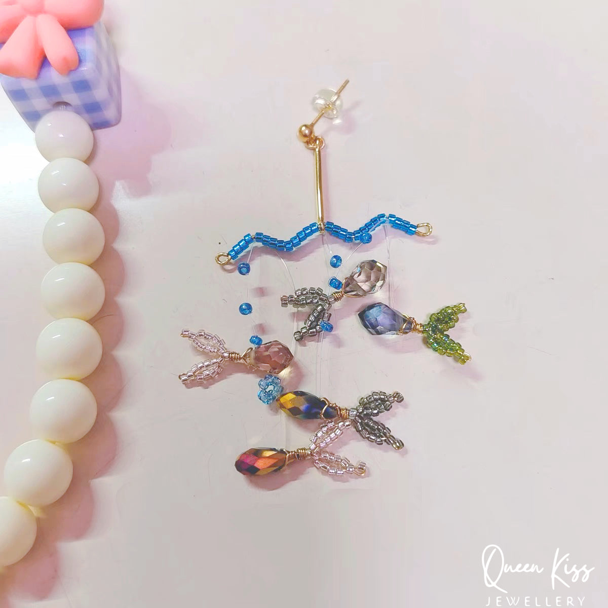 Handmade S925 Sterling Silver Artwork Artist Crystal Fish Swiming in The Ocean Long Earrings Beadwork Luxury Boho - Ocean Love!!