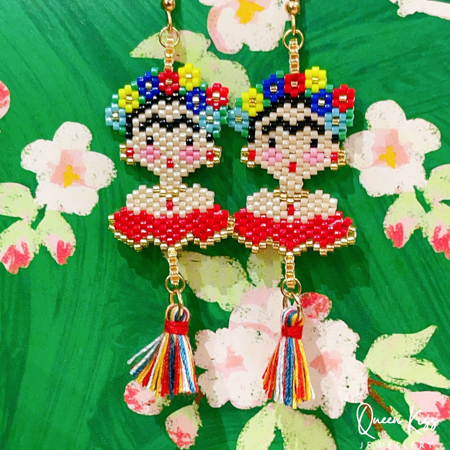 Handmade Artwork Artist Frida Portrait Beaded Earrings Beadwork earrings Dangle earrings Long earrings Luxury boho - Women Power!!!