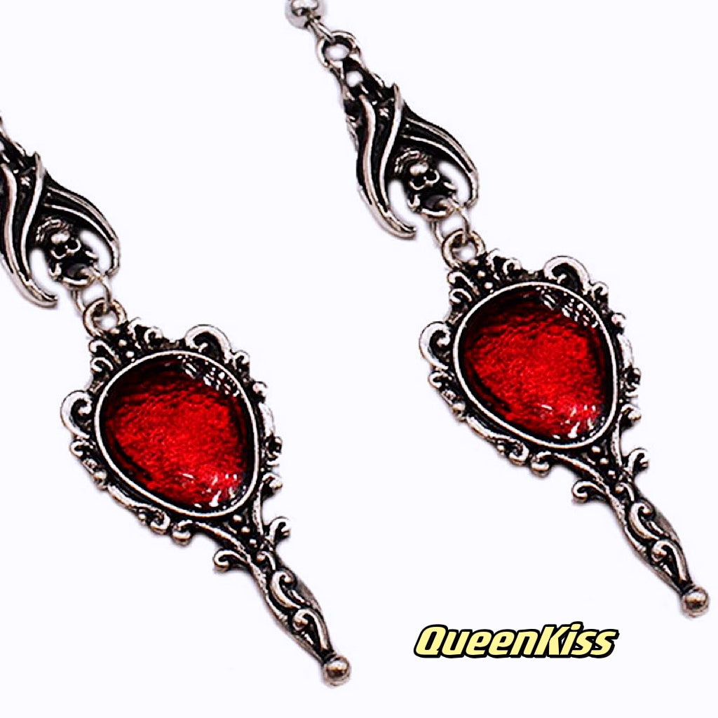 Bat and Red Gem Mirror Gothic Dangle Horror Earrings Halloween Earrings Creepy Goth Grunge Earrings