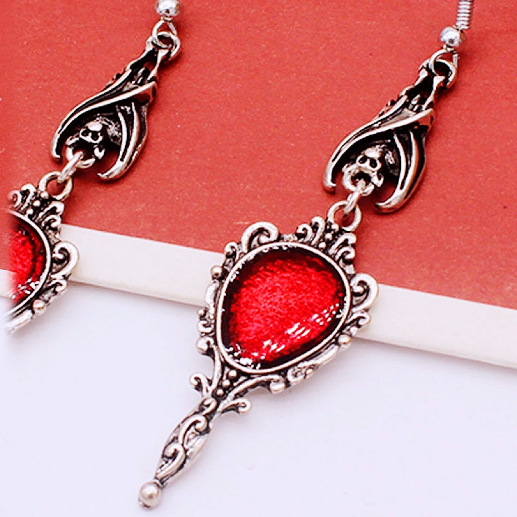 Bat and Red Gem Mirror Gothic Dangle Horror Earrings Halloween Earrings Creepy Goth Grunge Earrings