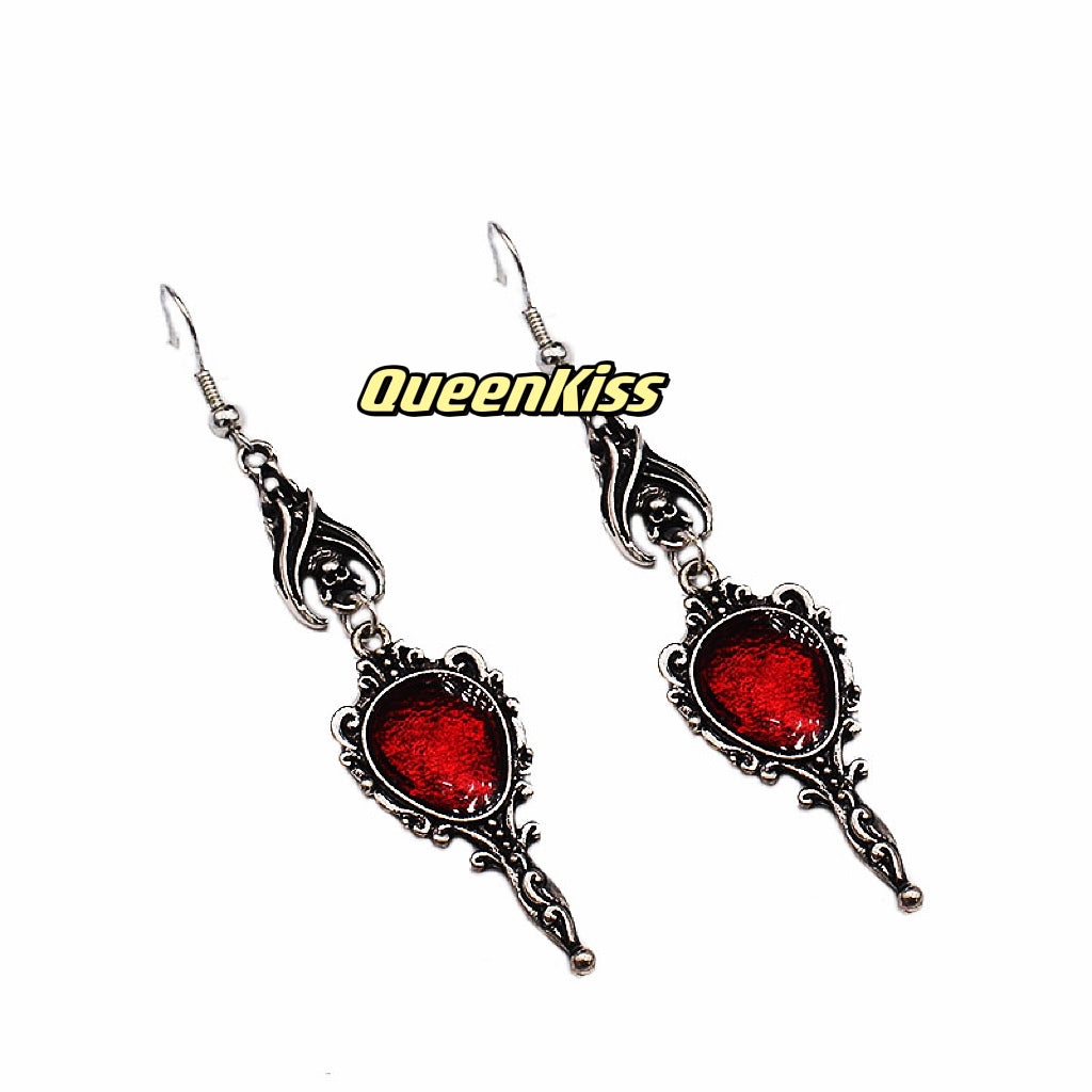Bat and Red Gem Mirror Gothic Dangle Horror Earrings Halloween Earrings Creepy Goth Grunge Earrings