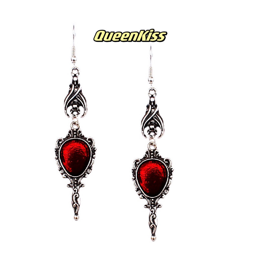 Bat and Red Gem Mirror Gothic Dangle Horror Earrings Halloween Earrings Creepy Goth Grunge Earrings