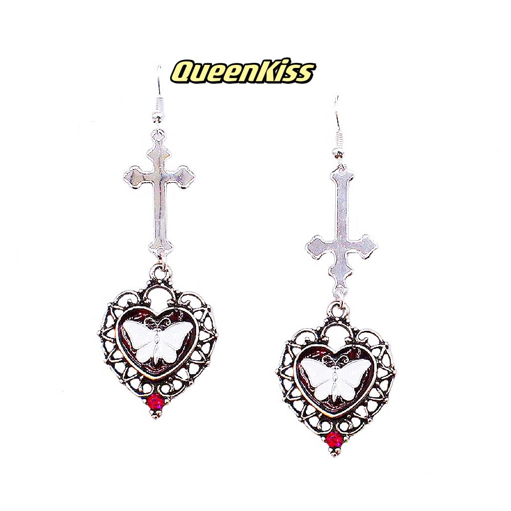 Butterfly Heart and Cross Gothic Dangle Earrings Creepy Goth Grunge Earrings