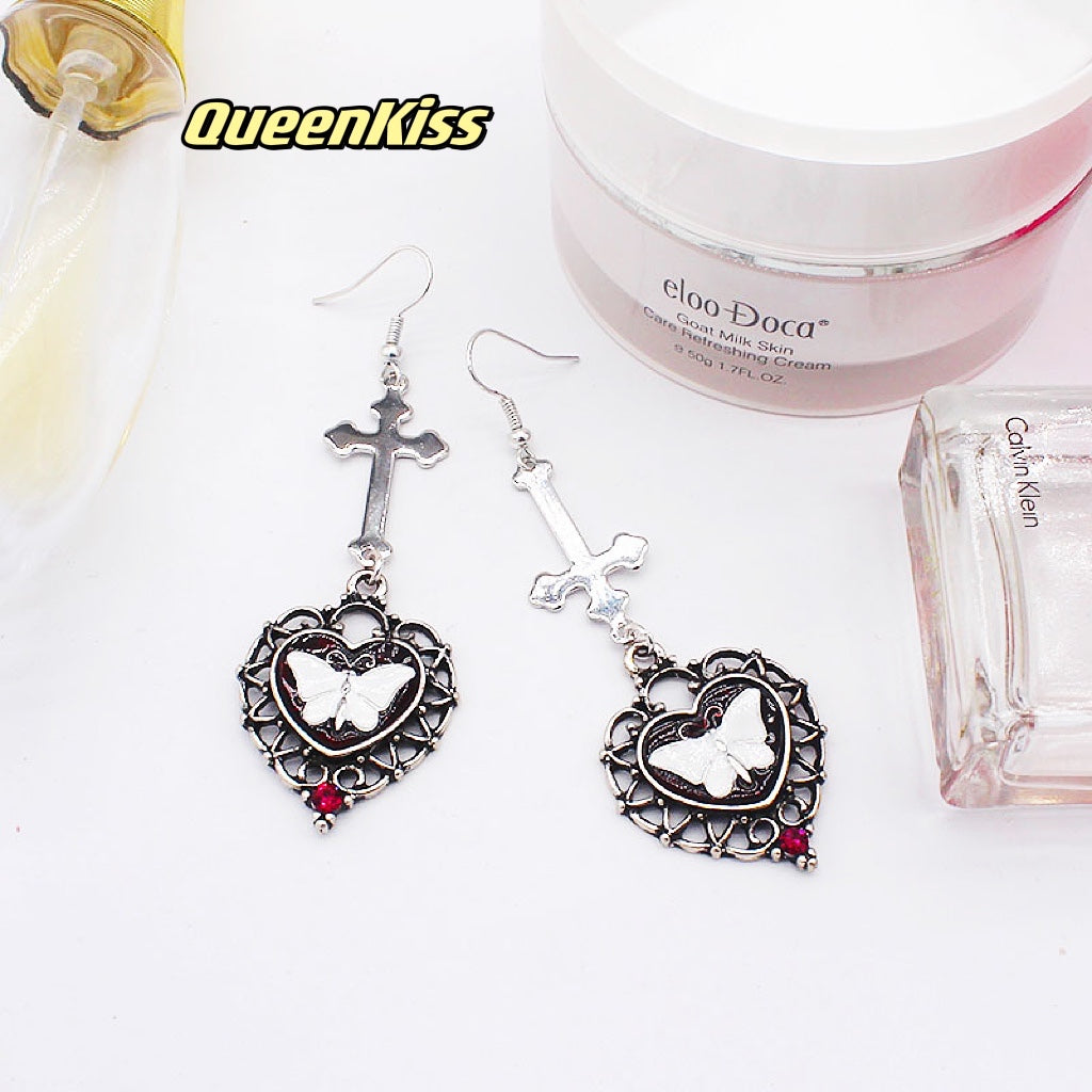 Butterfly Heart and Cross Gothic Dangle Earrings Creepy Goth Grunge Earrings