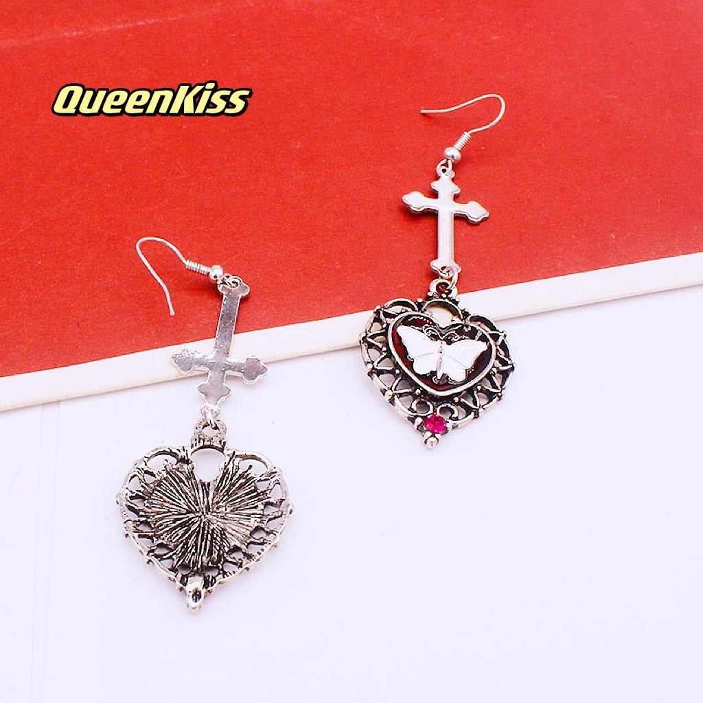 Butterfly Heart and Cross Gothic Dangle Earrings Creepy Goth Grunge Earrings