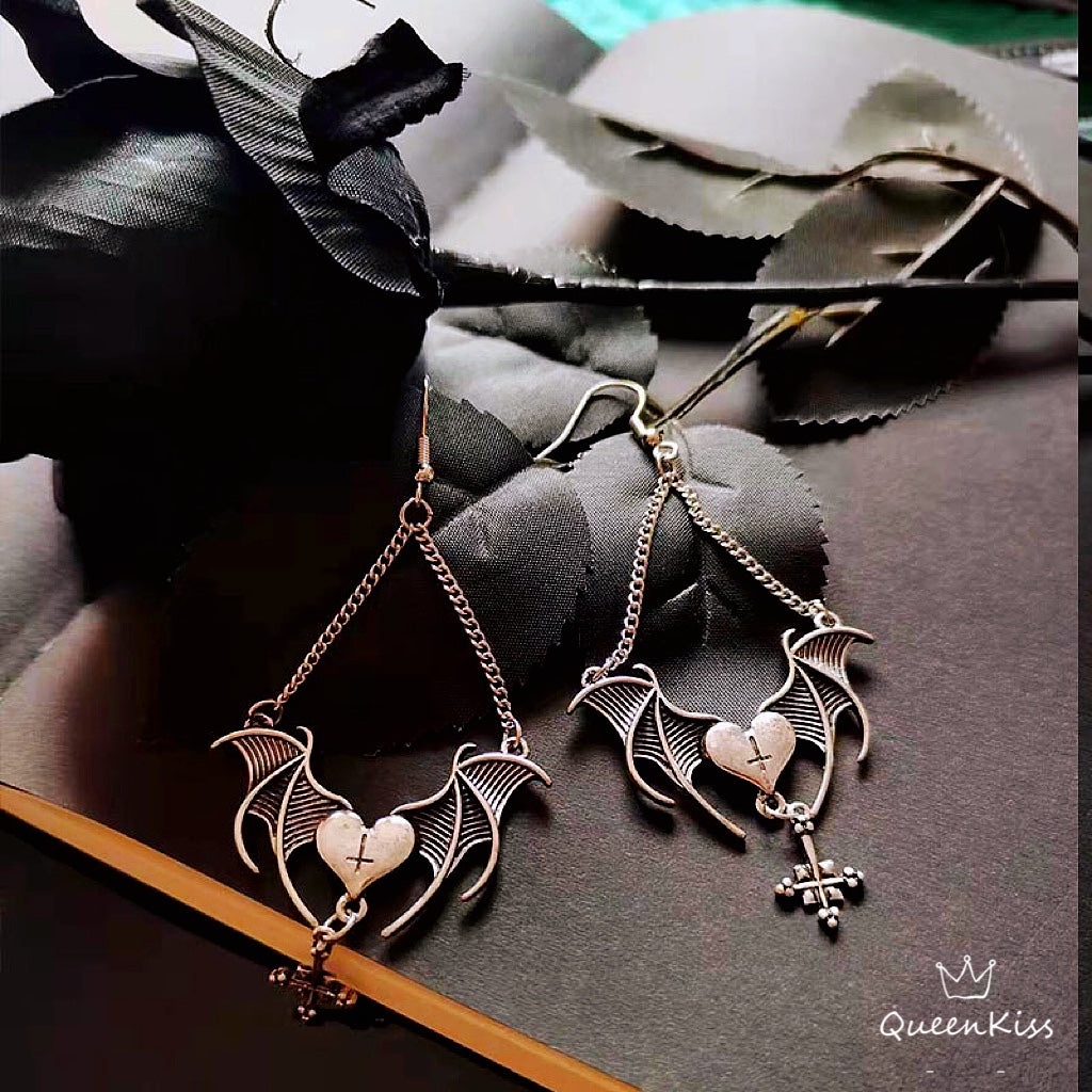 Bat Wing And Upside Down Cross Gothic Dangle Earrings Creepy Lovely Earrings