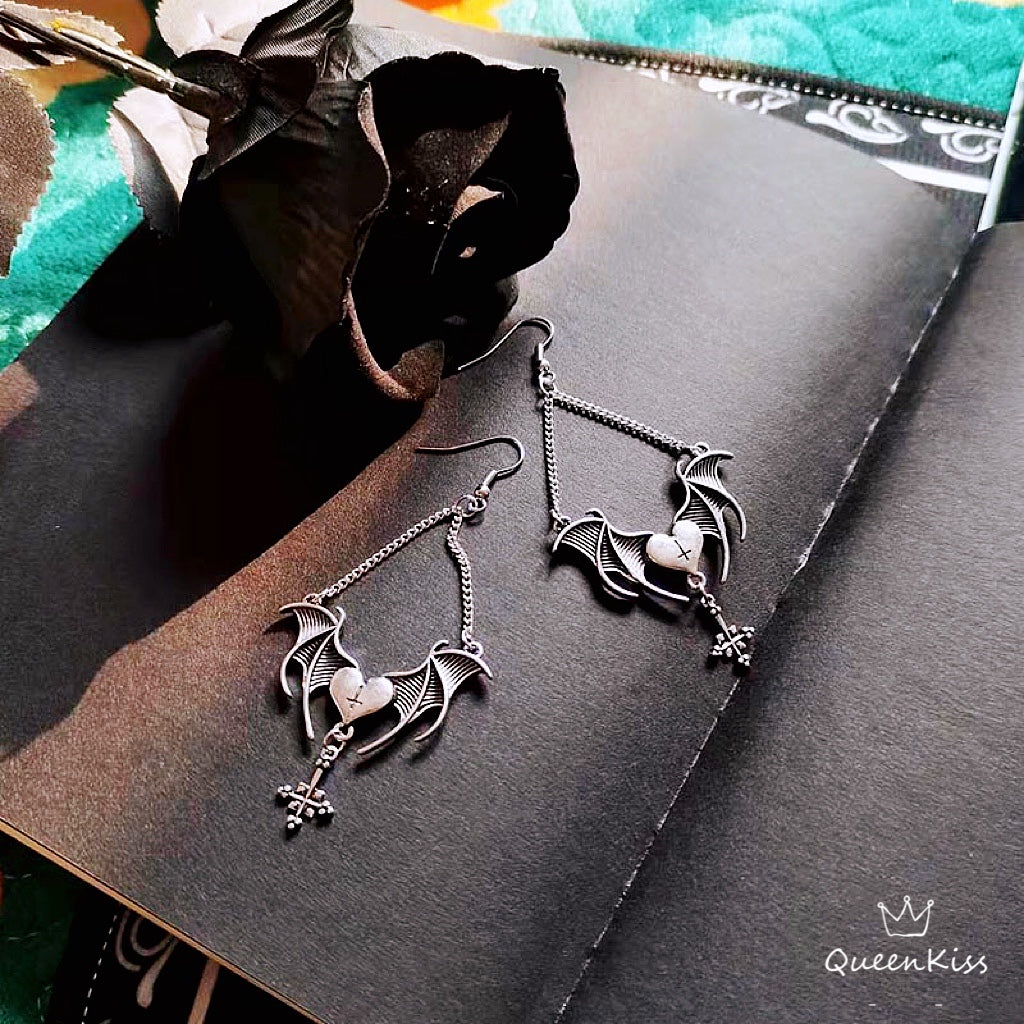 Bat Wing And Upside Down Cross Gothic Dangle Earrings Creepy Lovely Earrings