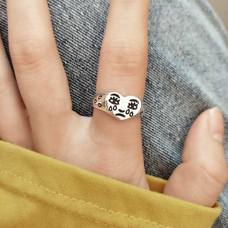 S925 Sterling Silver Vintage Crying Heart Adjustable Silver Ring