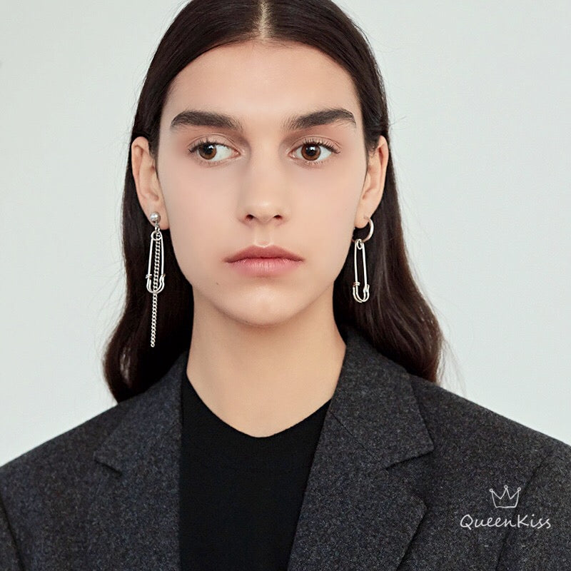 Safety Pin and Chain Silver Earrings -- Be Cool!!