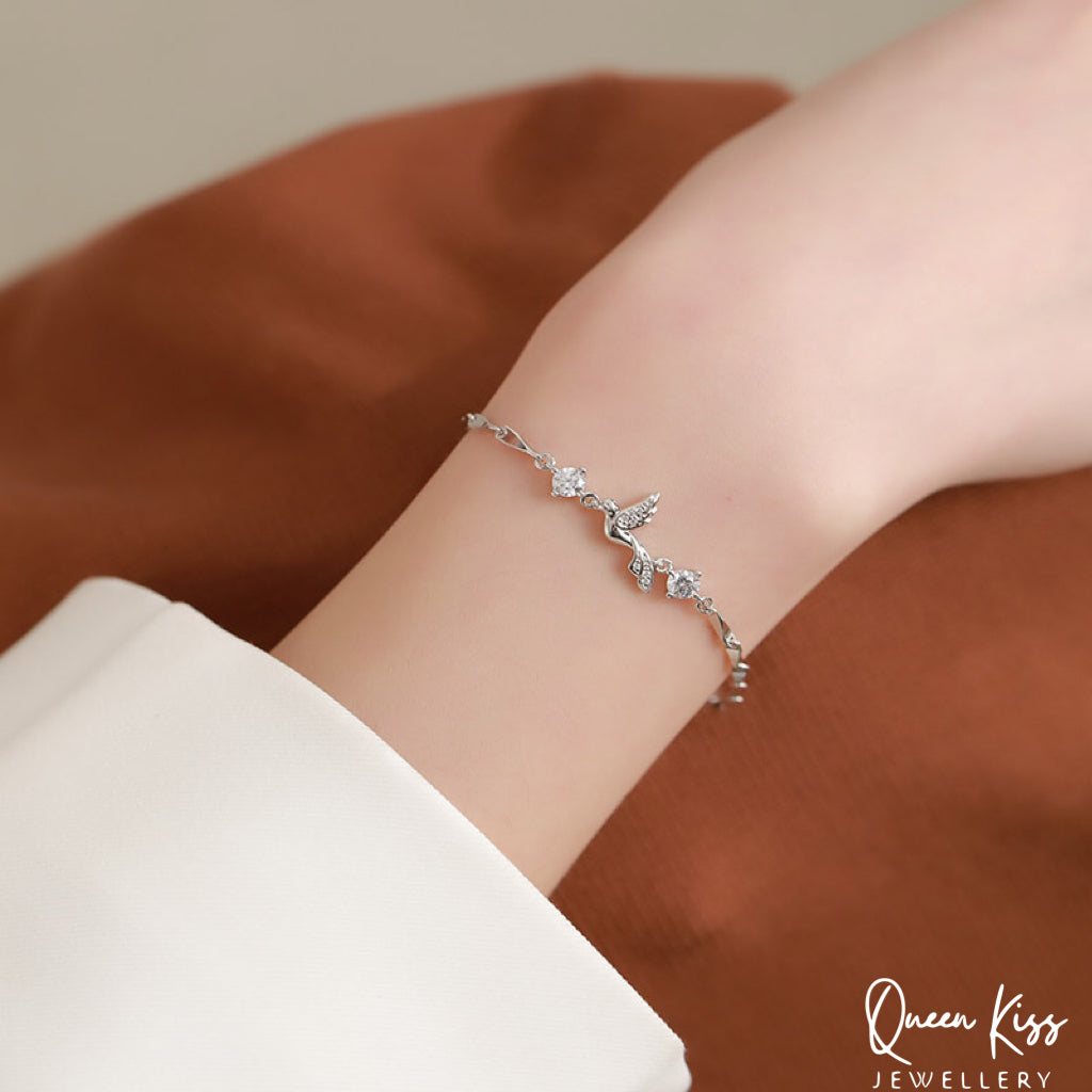 Swarovski Elements Crystal Clear Bird Shape 925 Sterling Silver Plated Bracelet - Flying Heart!!