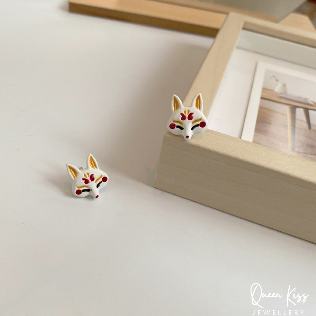 Super Cute Japanese Style Fox and Fan Flower Stud Earrings -- Sakura Foxy!!