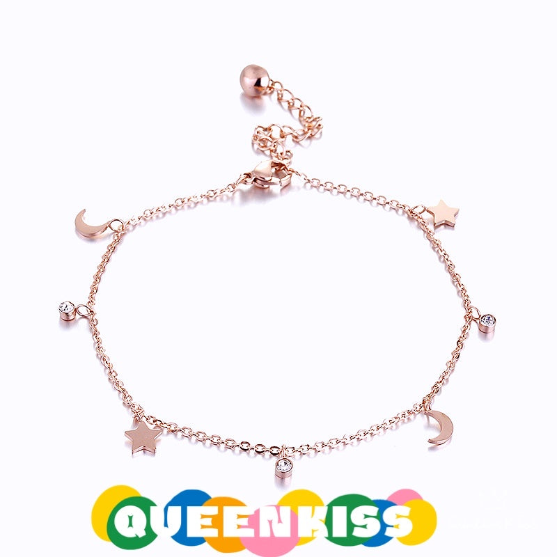 Titanium Steel Rosegold Not Losing Color Moon Star Sparkling Gems Anklet Gift for Girlfriend Sister Mother Daughter Her--Heart Beating Luv