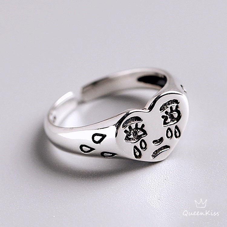 S925 Sterling Silver Vintage Crying Heart Adjustable Silver Ring