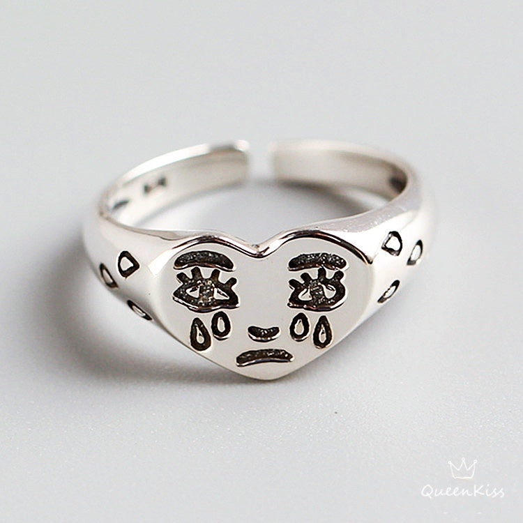 S925 Sterling Silver Vintage Crying Heart Adjustable Silver Ring