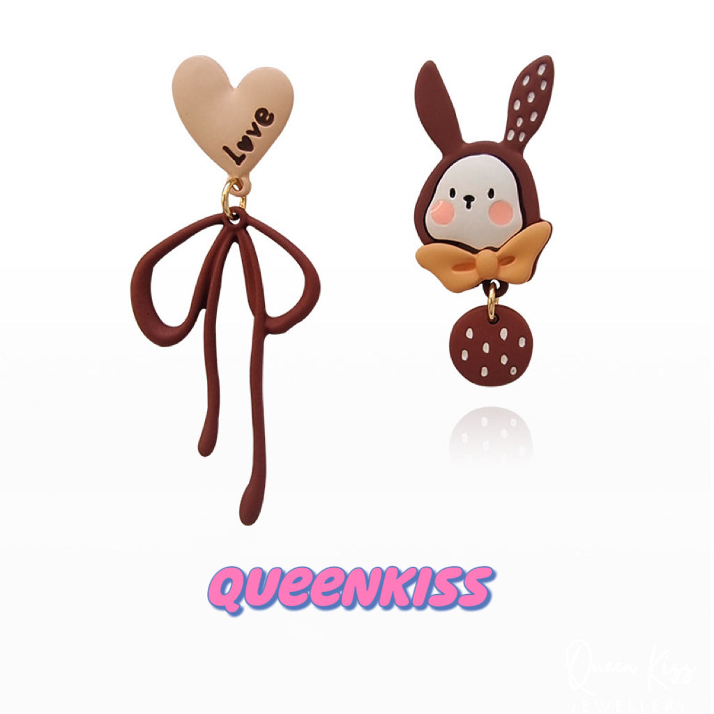 Super Cute Brown Bunny and Heart Bowknot Love Earrings -- Wonderful Life!!