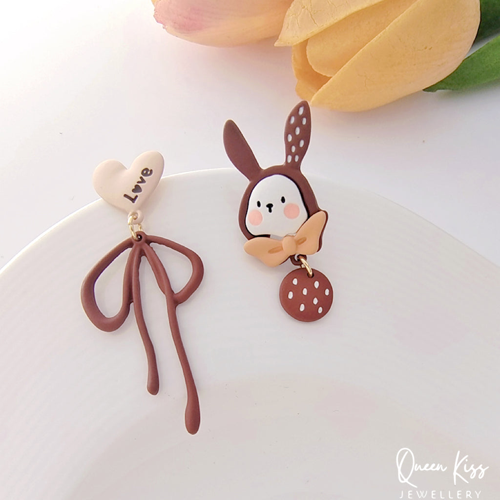 Super Cute Brown Bunny and Heart Bowknot Love Earrings -- Wonderful Life!!