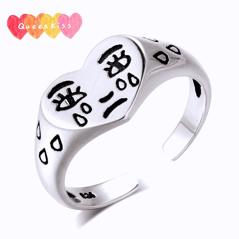 S925 Sterling Silver Vintage Crying Heart Adjustable Silver Ring