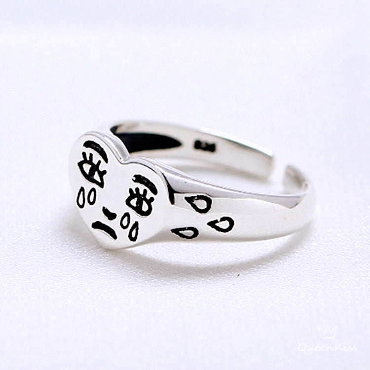 S925 Sterling Silver Vintage Crying Heart Adjustable Silver Ring