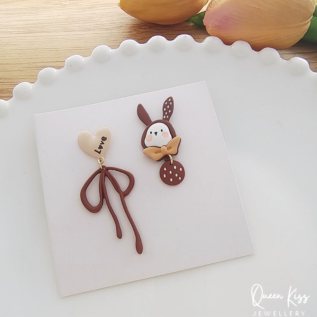 Super Cute Brown Bunny and Heart Bowknot Love Earrings -- Wonderful Life!!