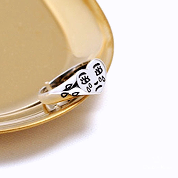 S925 Sterling Silver Vintage Crying Heart Adjustable Silver Ring