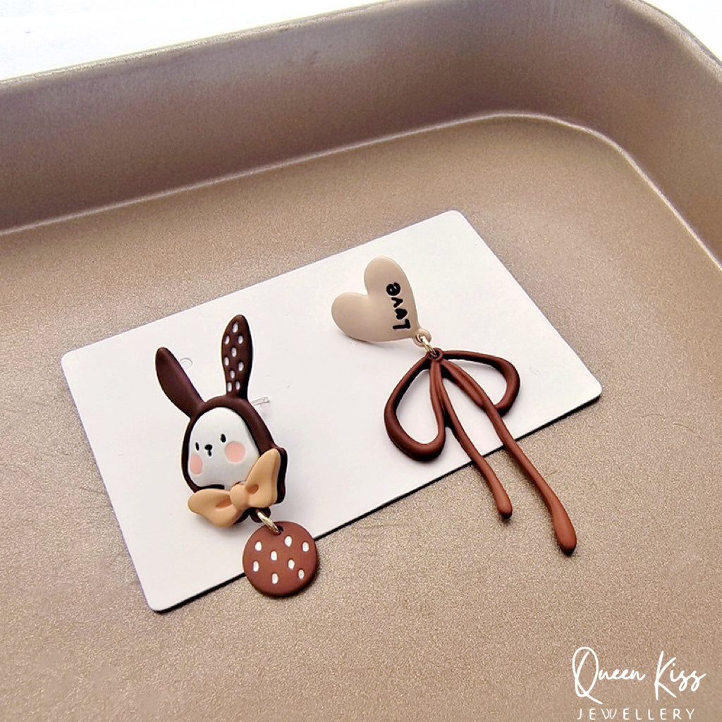 Super Cute Brown Bunny and Heart Bowknot Love Earrings -- Wonderful Life!!