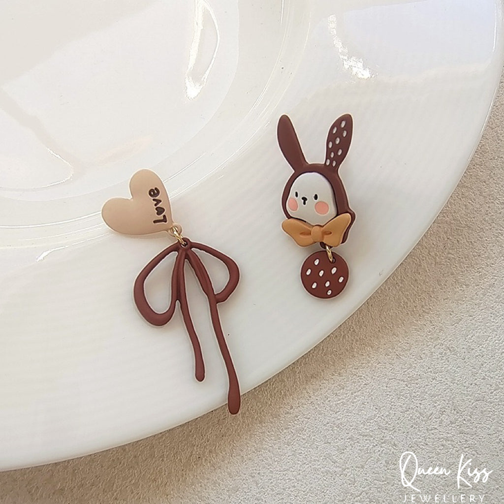 Super Cute Brown Bunny and Heart Bowknot Love Earrings -- Wonderful Life!!