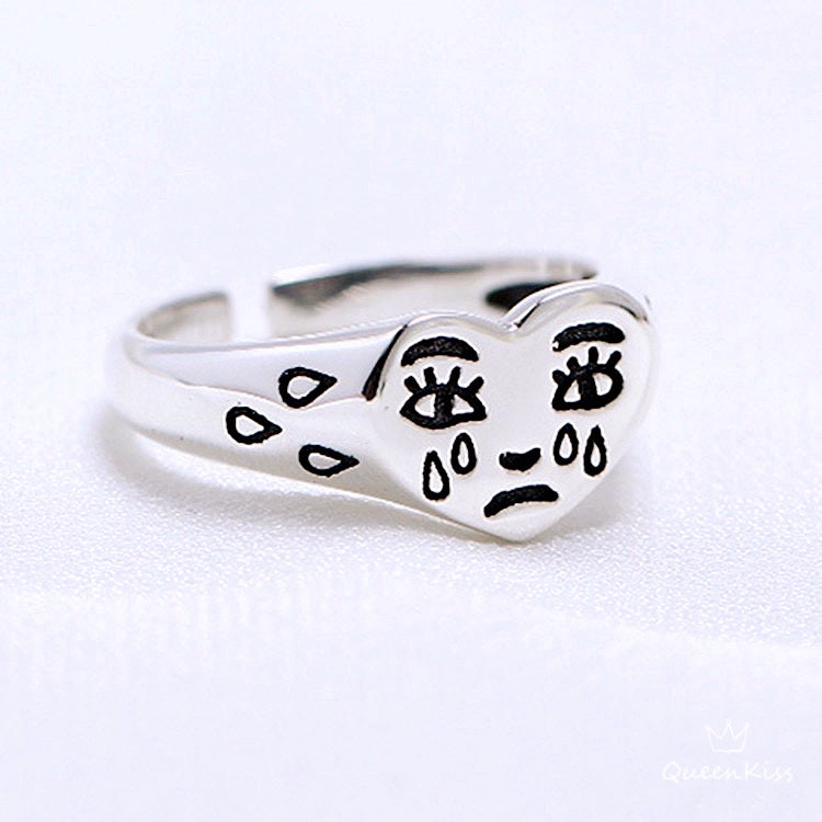 S925 Sterling Silver Vintage Crying Heart Adjustable Silver Ring