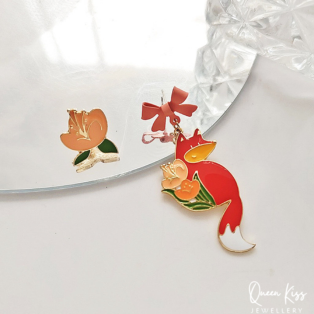 Super Cute Japanese Style Fox and the Favourite Flower Earrings -- Sakura Foxy!!