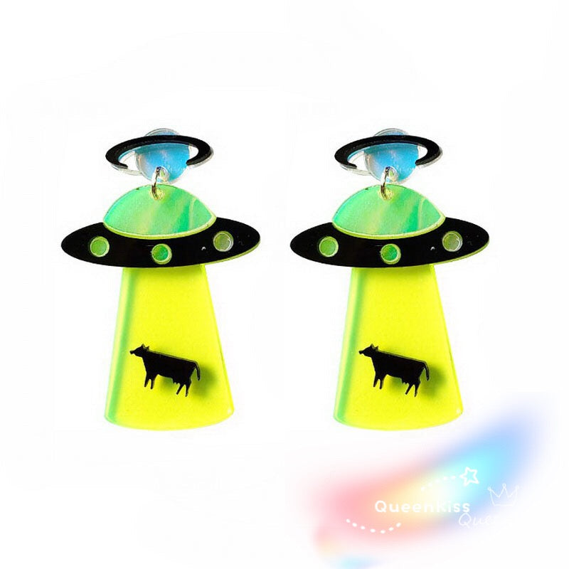 Best Seller Cute Light Trendy Quirky UFO Earrings Alien Sucking Cow In Earrings - We need you!!