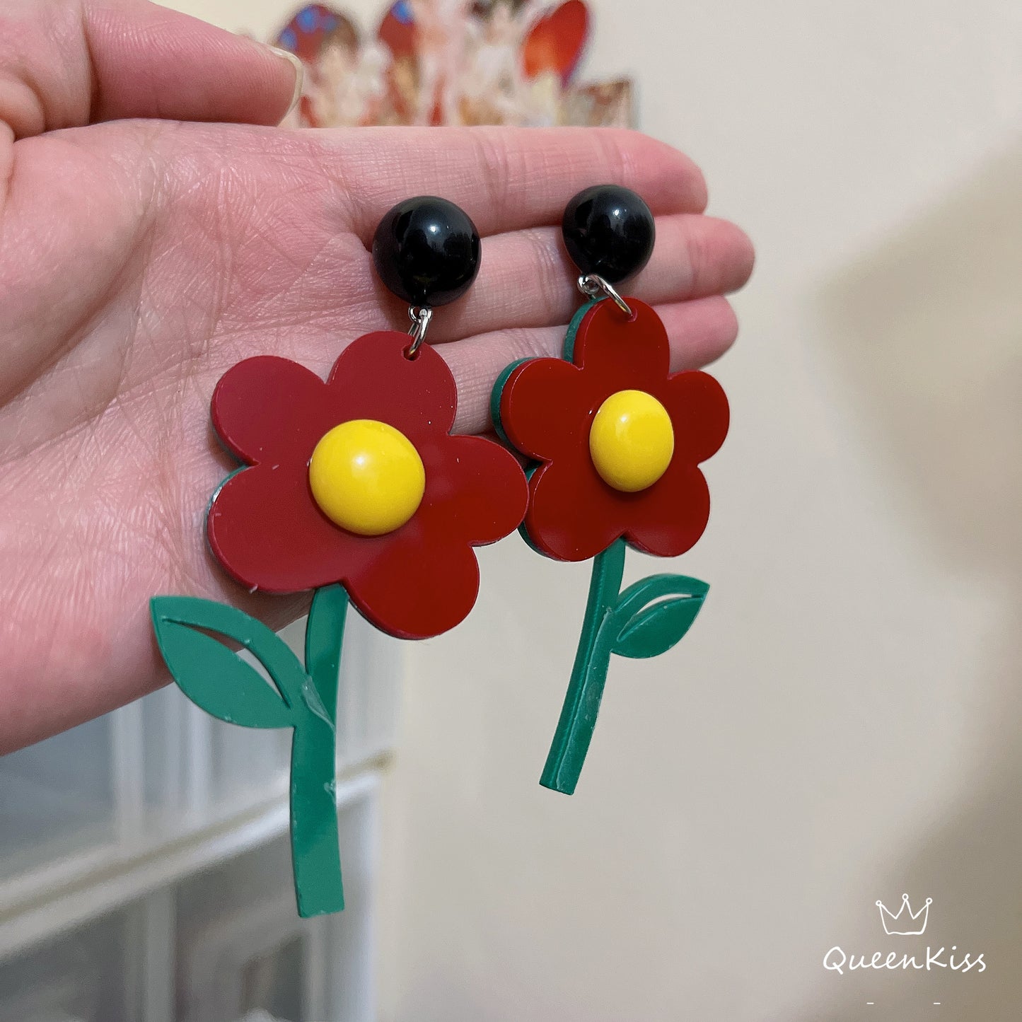 Cute Light Trendy Adorable Flowers Red Yellow Green Earrings - Flowers Everywhere!!