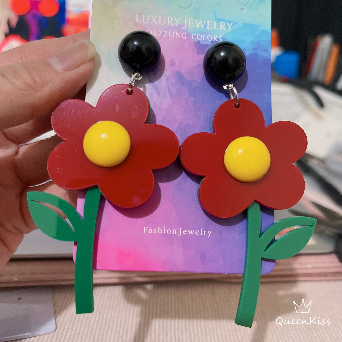 Cute Light Trendy Adorable Flowers Red Yellow Green Earrings - Flowers Everywhere!!