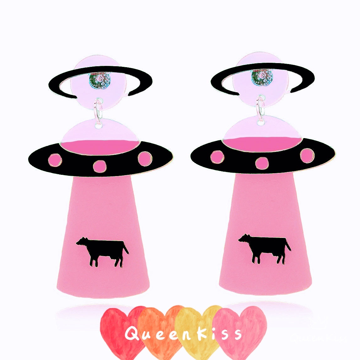 New Color Pink Cute Light Trendy Quirky UFO Earrings Alien Sucking Cow In Earrings - We need you!!