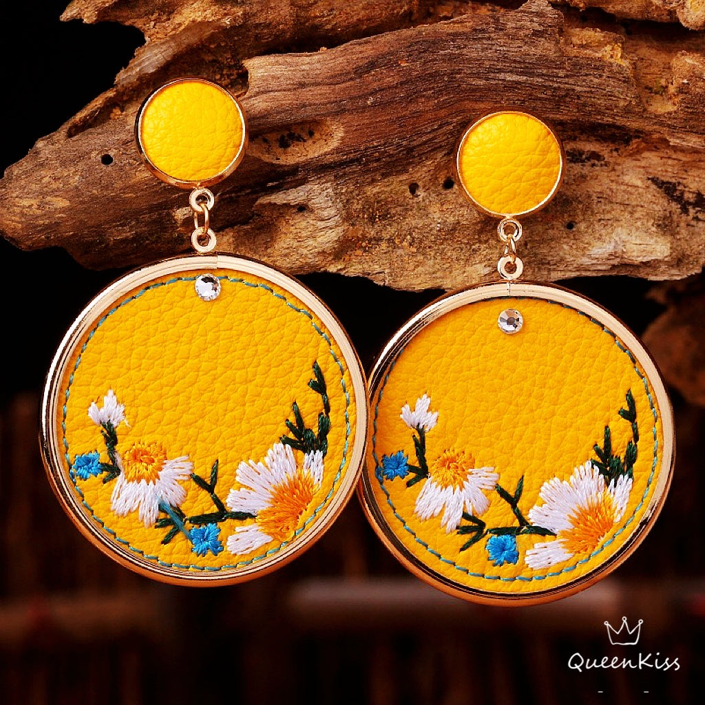 New design Embroidered Flowers Leather Yellow and White Circle Embroidered Earrings -- Blossom Season!!