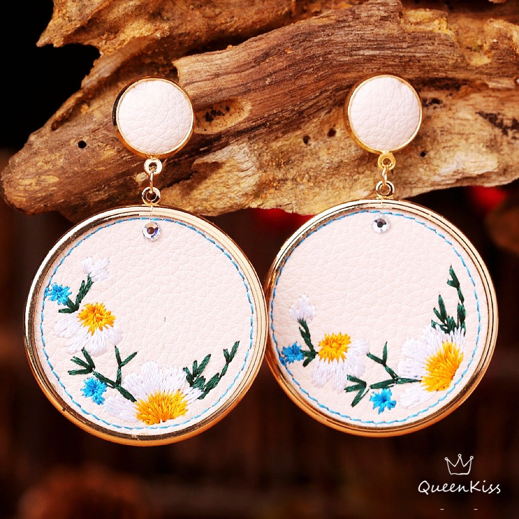 New design Embroidered Flowers Leather Yellow and White Circle Embroidered Earrings -- Blossom Season!!