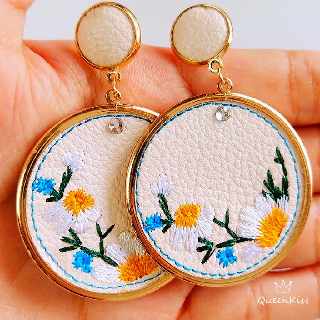 New design Embroidered Flowers Leather Yellow and White Circle Embroidered Earrings -- Blossom Season!!