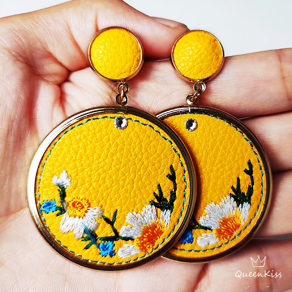 New design Embroidered Flowers Leather Yellow and White Circle Embroidered Earrings -- Blossom Season!!