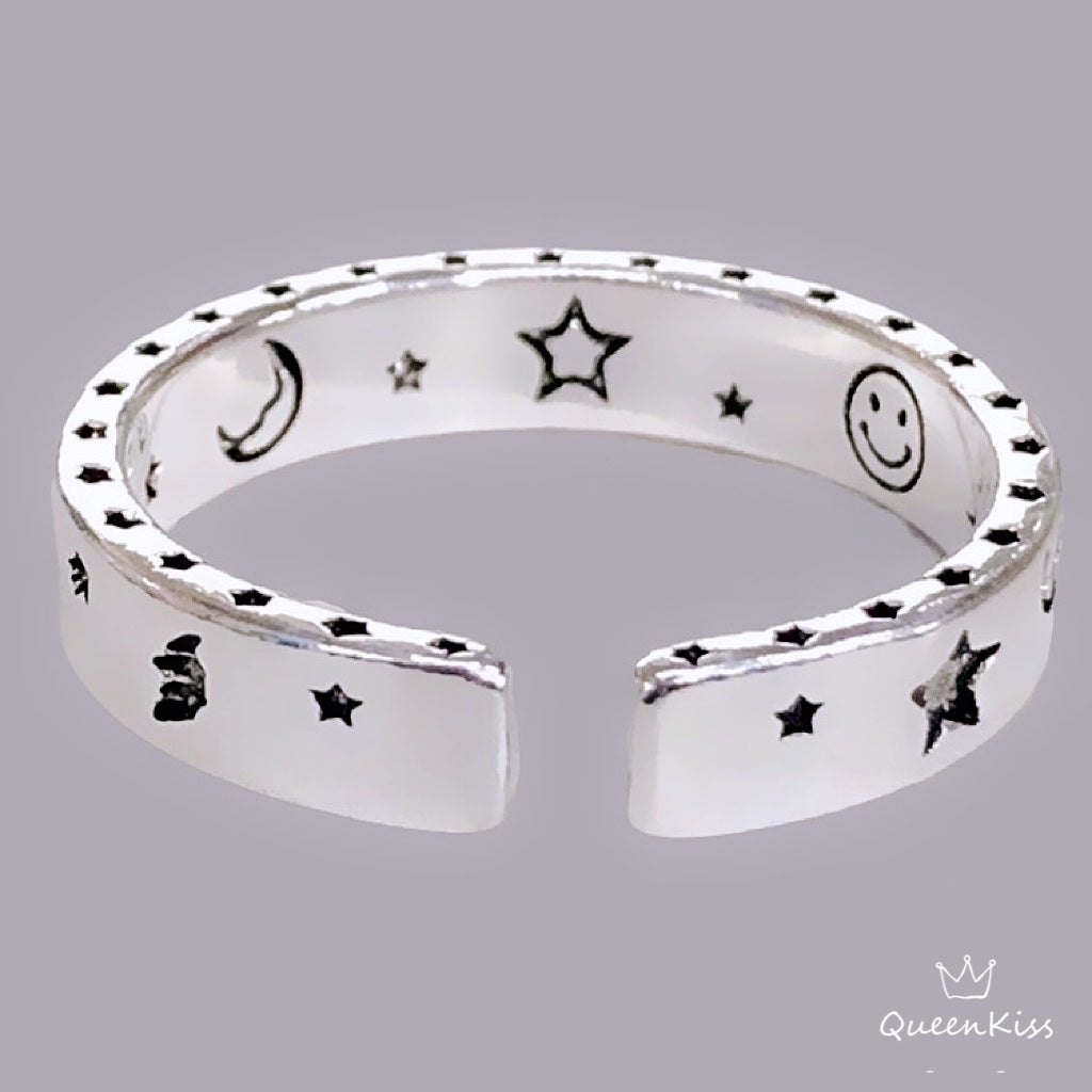 Vintage Star Moon Smiley Face Adjustable Silver Ring