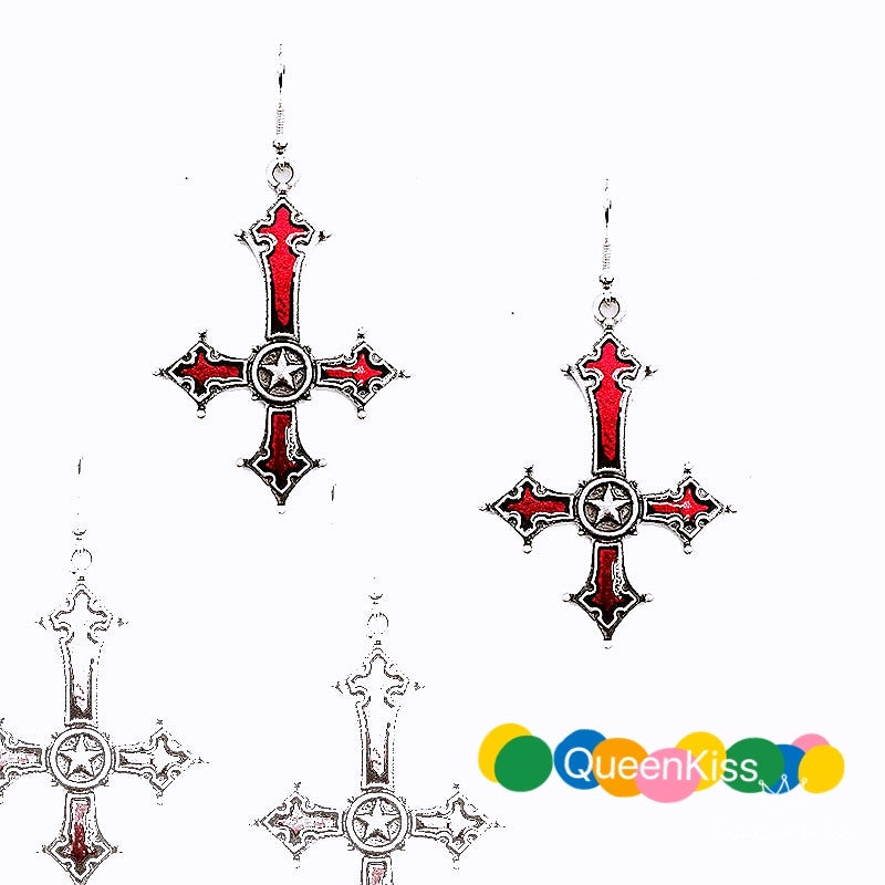 Enamel Earrings Star and Cross Gothic Dangle Earrings Creepy Goth Grunge Earrings