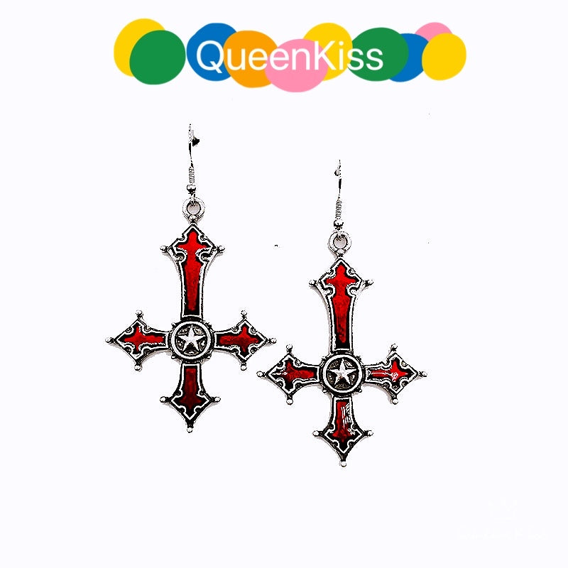 Enamel Earrings Star and Cross Gothic Dangle Earrings Creepy Goth Grunge Earrings