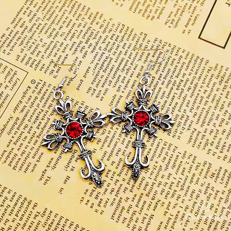 Enamel Earrings Red Gem and Cross Gothic Dangle Earrings Creepy Goth Grunge Earrings